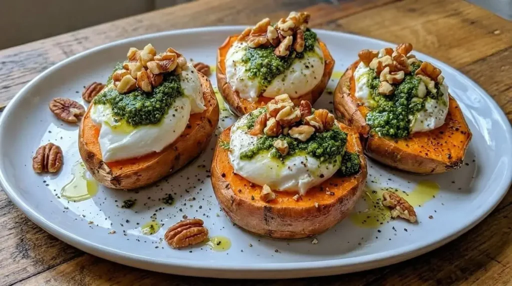 Burrata Stuffed Sweet Potaoes on a white tray.