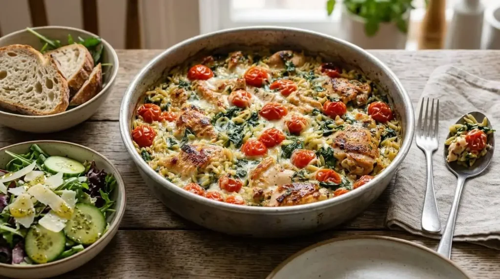A top-down view of a Mediterranean Chicken Orzo Bake featuring golden chicken, blistered cherry tomatoes, Kalamata olives, spinach, and melted feta cheese in a cast-iron skillet.