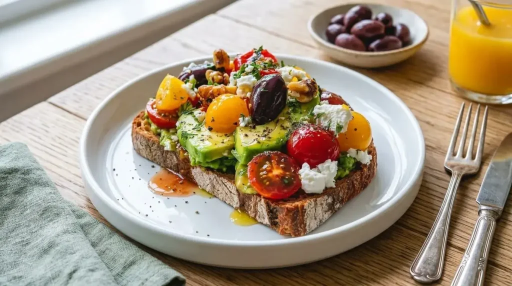Loaded Mediterranean Avocado Toast in a plate.