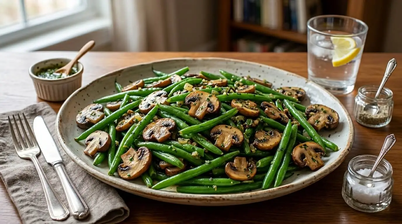 A rustic bowl filled with glistening garlic butter green beans and sautéed cremini mushrooms garnished with fresh parsley on a light wooden table.