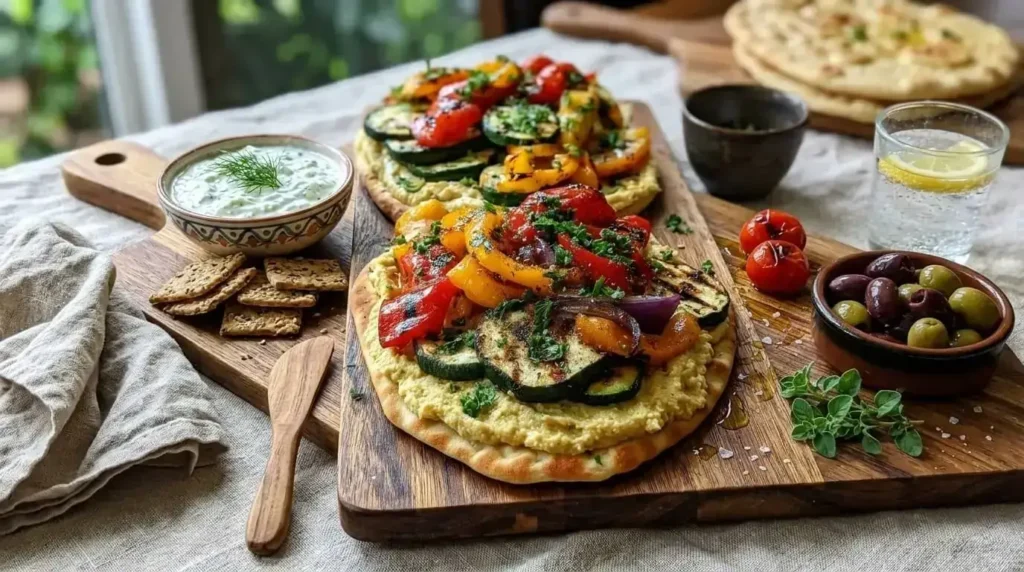 Grilled Vegetable and Herb Flatbread with Creamy Hummus on a wooden board.
