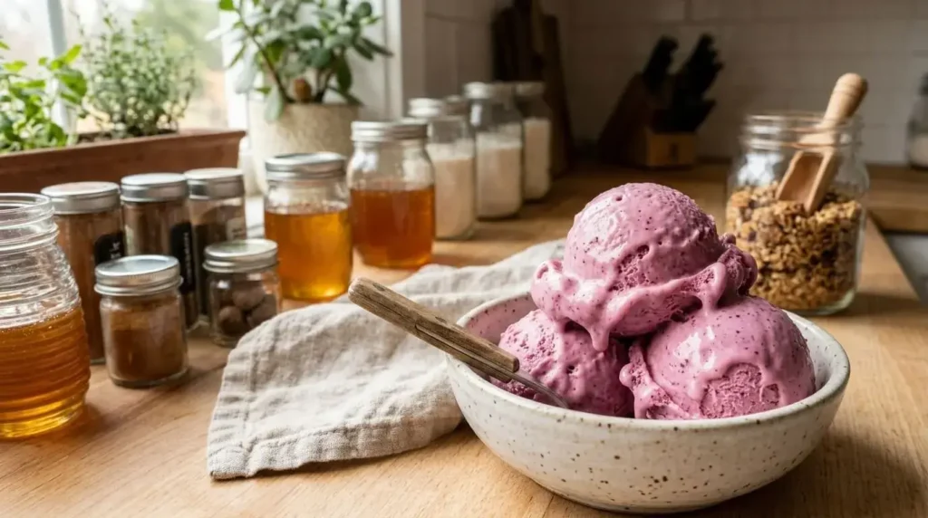 Berry Coconut Frozen Ice Cream in a bowl.