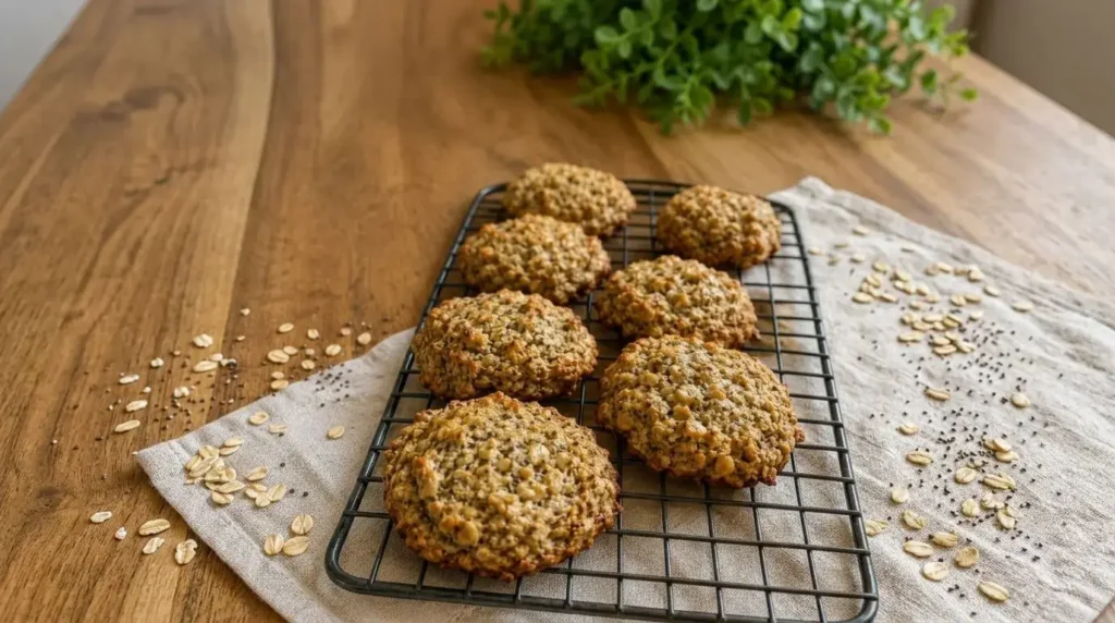 A stack of baked golden Banana Chia Oat Cookies on a cooling rack over a wooden table.