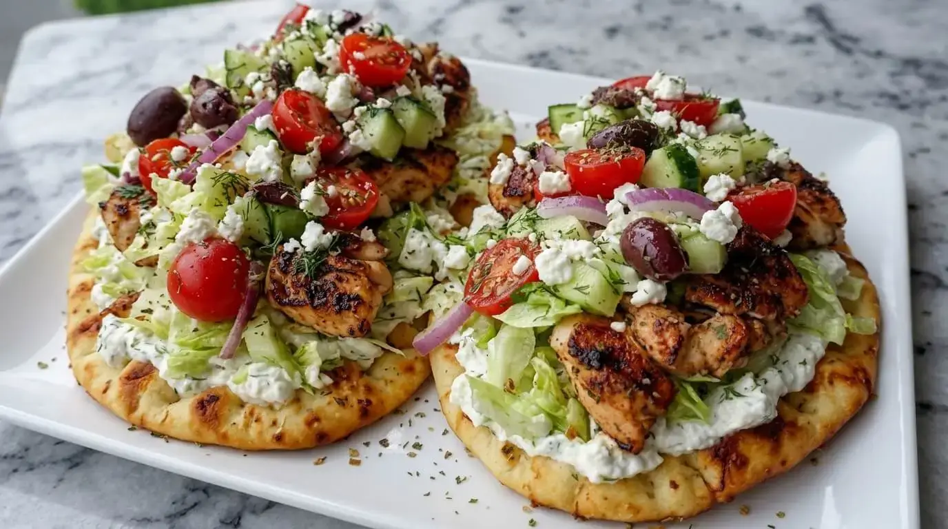 Two loaded Greek Chicken Salad Flatbreads featuring grilled lemon oregano chicken, whipped feta spread, and fresh Mediterranean salad on a white platter.