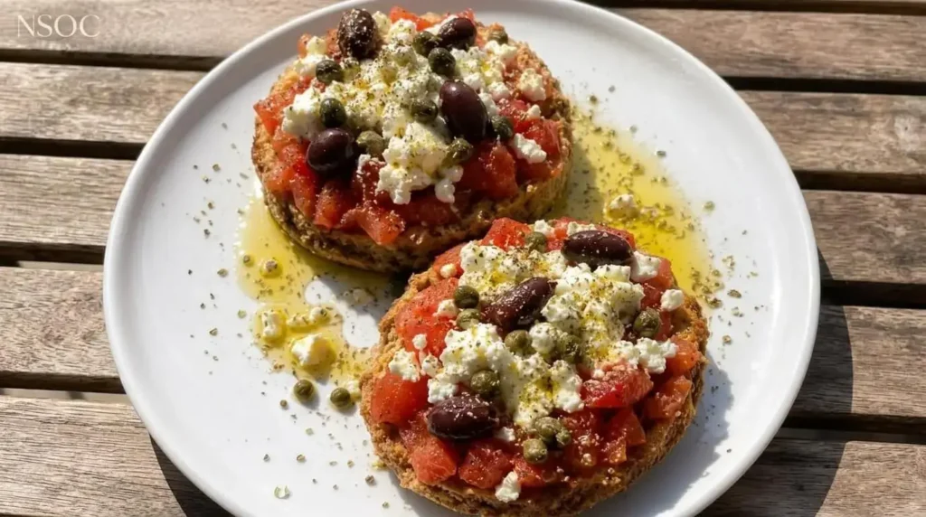 Authentic Mediterranean Barley Toast topped with juicy diced tomatoes, crumbled feta, Kalamata olives, capers, and olive oil on a white plate.