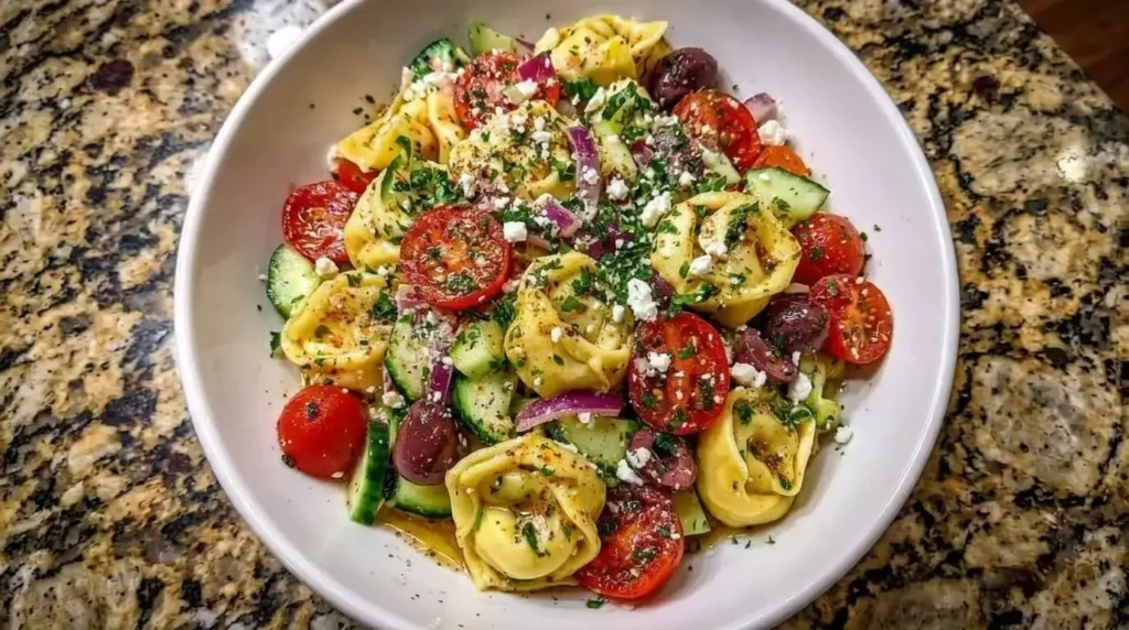 Greek Tortellini Pasta Salad with feta cheese, cucumber, cherry tomatoes and Kalamata olives