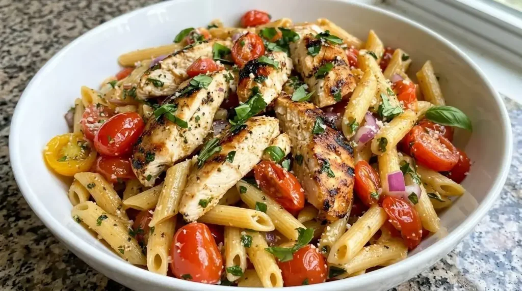 A white bowl of Grilled Bruschetta Chicken Penne Pasta topped with sliced grilled chicken breasts, cherry tomatoes, and fresh basil.