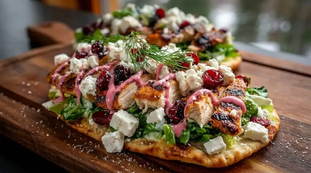 Grilled chicken flatbread topped with feta cheese, fresh greens, dried cranberries, and creamy cranberry yogurt drizzle on toasted flatbread.
