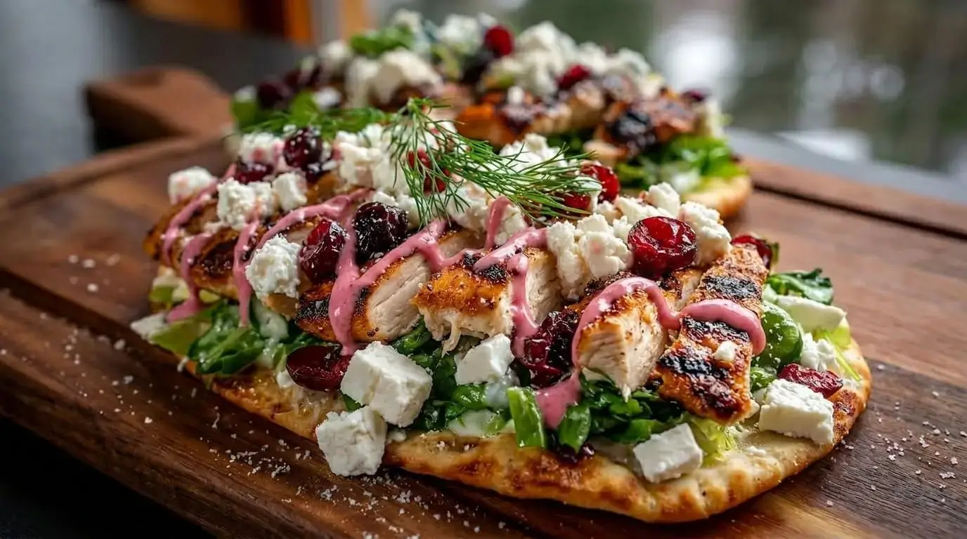 Grilled chicken flatbread topped with feta cheese, fresh greens, dried cranberries, and creamy cranberry yogurt drizzle on toasted flatbread.