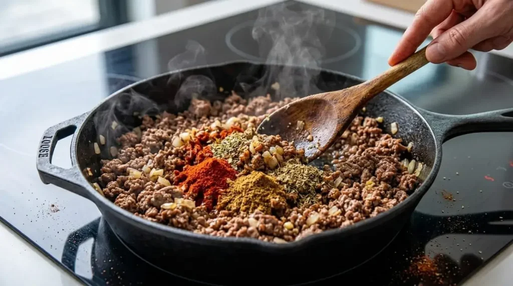 Searing ground meat with Mediterranean spices, onions, and garlic in a cast-iron skillet.