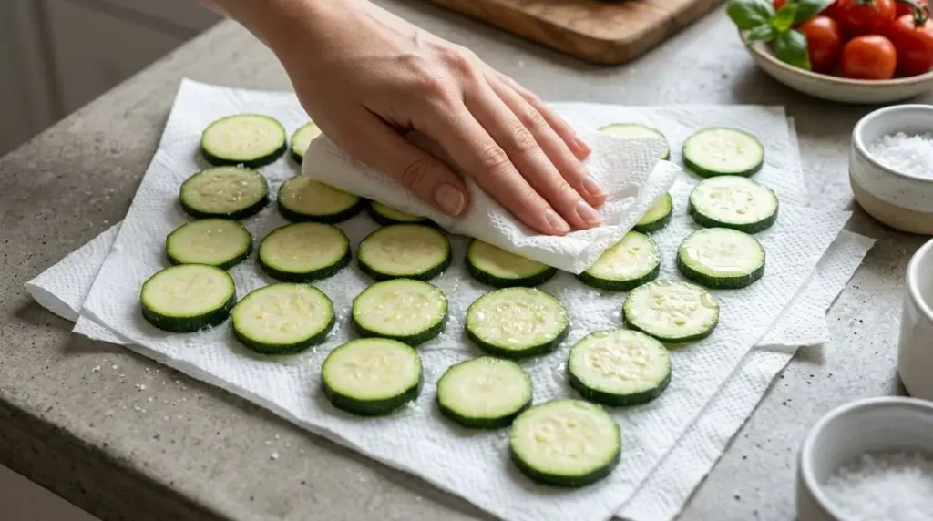 Sweating sliced zucchini rounds on paper towels with salt to remove excess moisture for a lasagna bake.