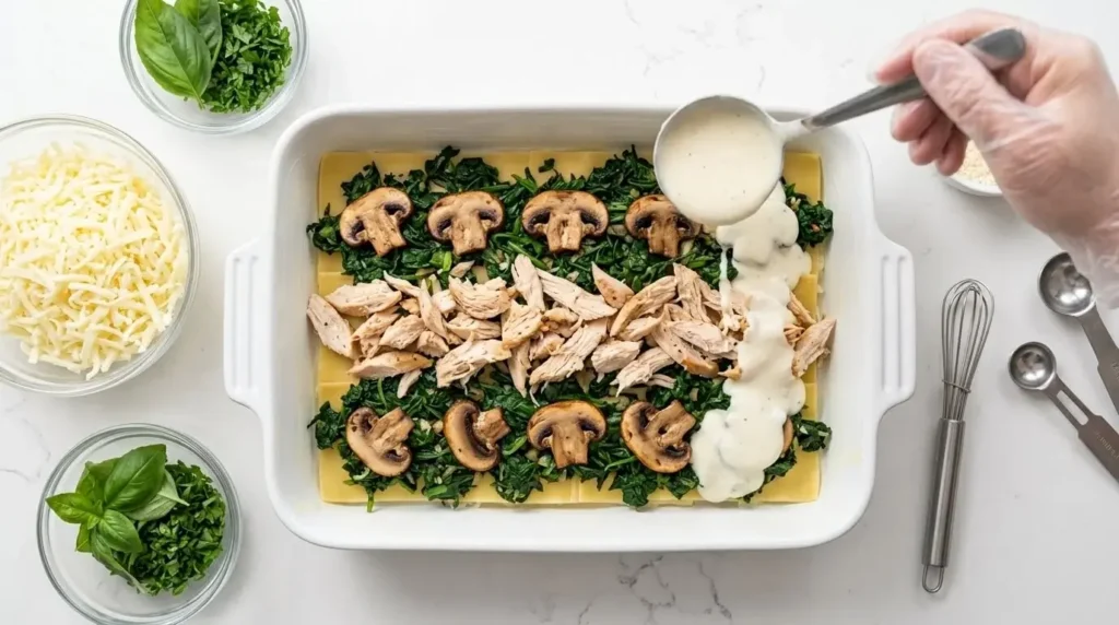 Layering shredded chicken, sautéed spinach, mushrooms, and white sauce in a 9x13 baking dish.