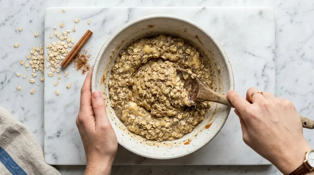 Top-down view of mixing rolled oats and chia seeds into mashed bananas in a white bowl.