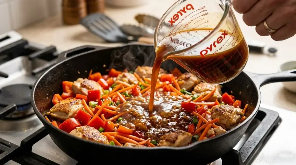 Dark honey-teriyaki sauce being poured over seared chicken, diced red bell peppers, and shredded carrots in a hot pan.