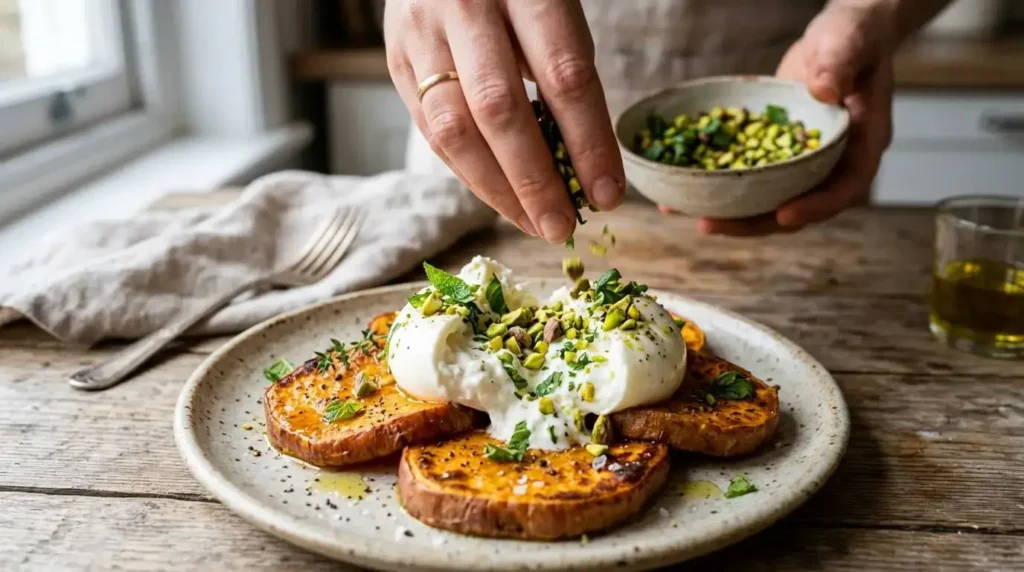 A close-up action shot of a hand gently scattering bright green chopped pistachios and fresh herbs over freshly torn burrata cheese resting on warm sweet potato slices.