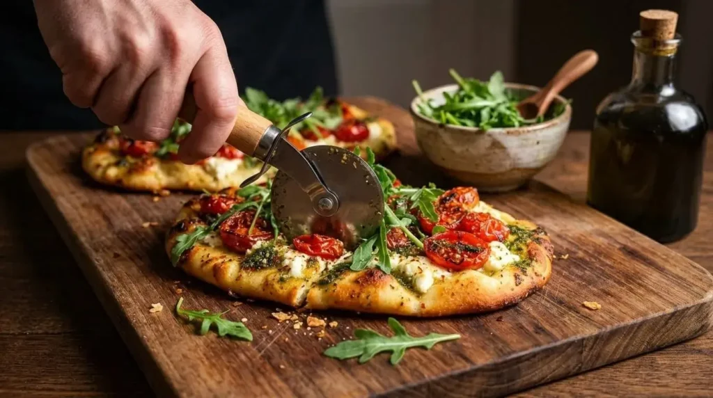 A pizza cutter slicing through a crispy roasted tomato, pesto, and goat cheese flatbread on a wooden cutting board.
