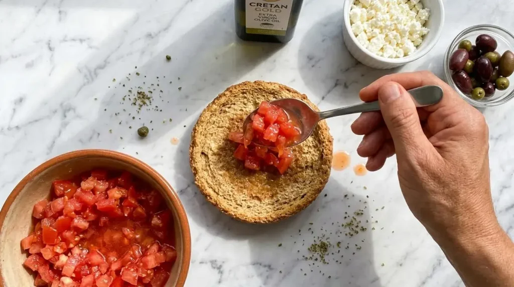 A hand assembling Mediterranean Barley Toast by layering seasoned diced tomatoes onto a Cretan barley rusk.
