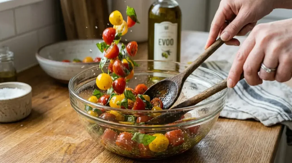 Close-up of halved cherry tomatoes and fresh basil being tossed with olive oil in a bowl.