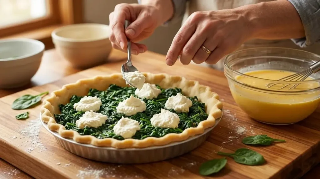 Hands assembling a spinach and ricotta quiche by dropping spoonfuls of ricotta cheese over sautéed greens in a pie crust.
