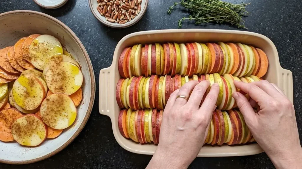 Step-by-step process shot showing raw slices of sweet potatoes, apples, and pears being vertically layered in a baking dish.