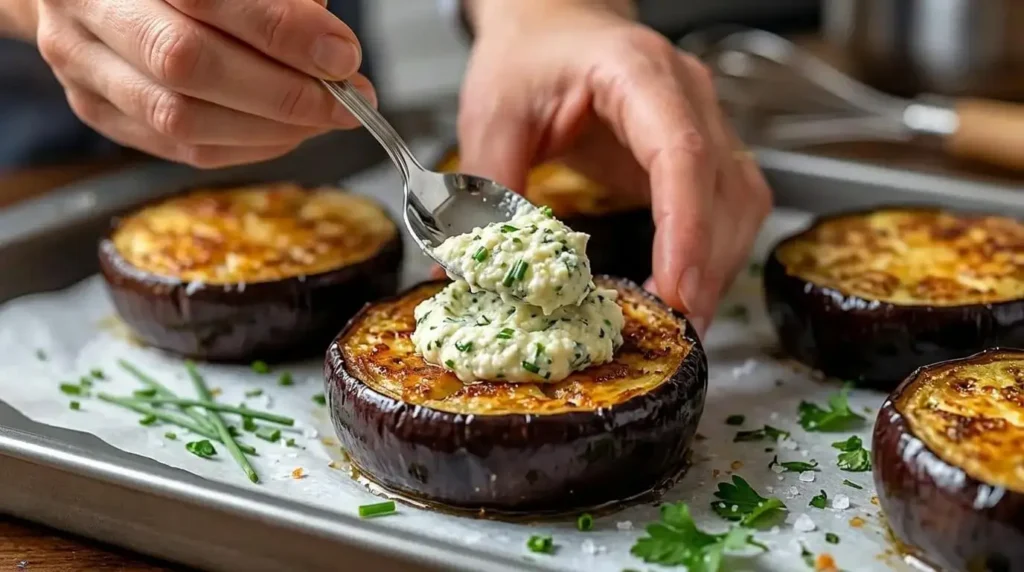 A close-up process shot showing a person filling the center indentation of a roasted eggplant round with garlic herb cheese mixture.