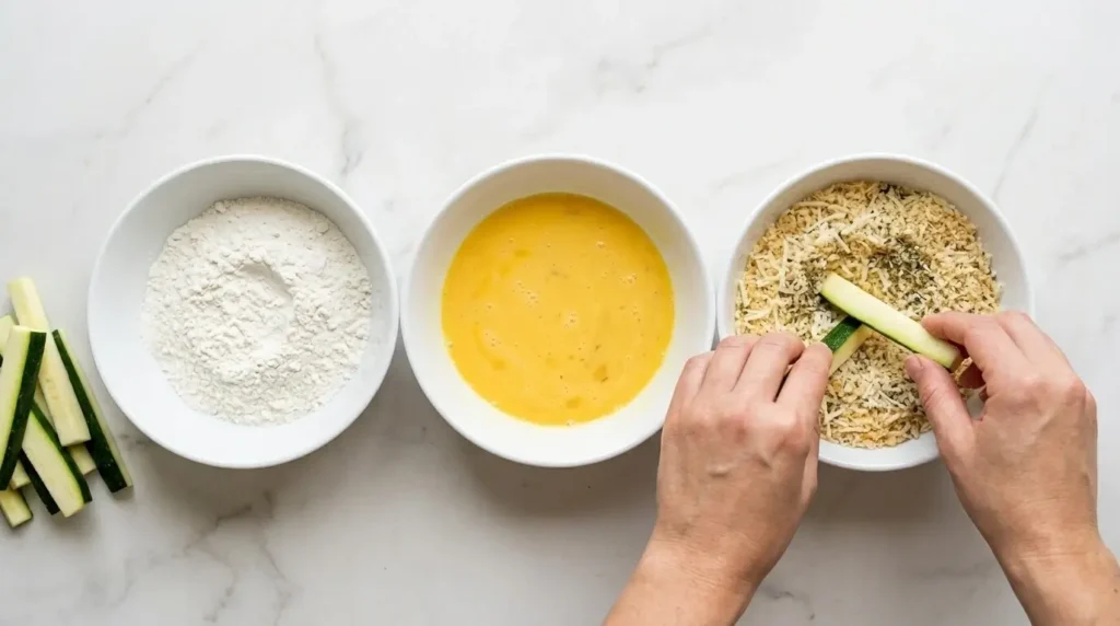 Step-by-step breading station with bowls of flour, beaten eggs, and panko parmesan mixture for making zucchini fries.