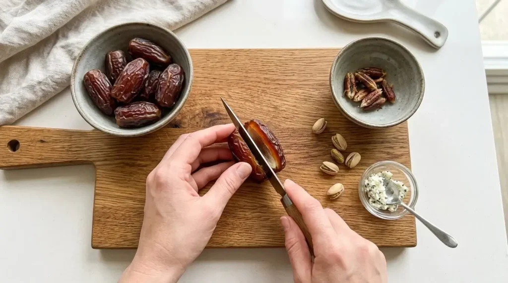 Slicing large Medjool dates lengthwise to remove pits for a stuffed dates recipe.