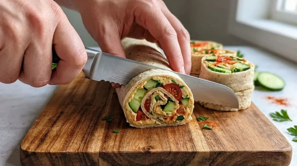 A sharp serrated knife slicing a chilled tortilla roll into clean, uniform one-inch thick hummus veggie pinwheels on a wooden board