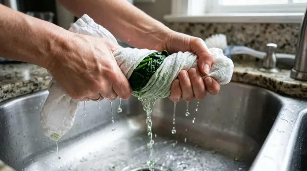 A close-up action shot focusing on a pair of hands holding a clean, white kitchen towel over a stainless steel sink, squeezing a compact bundle of dark green wilted spinach. Clear water droplets are visibly pressing out of the fabric into the basin below. Shallow depth of field, sharp focus on the texture of the towel and hands.