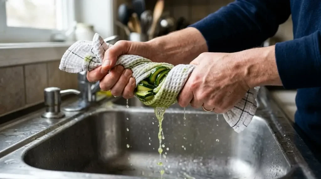 A close-up showing hands wringing out salted zucchini slices in a white kitchen towel to remove excess water.