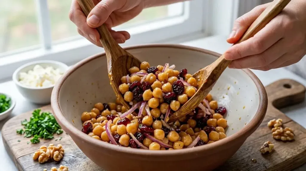 Tossed chickpeas, cranberries, and onions glistening with fresh lemon dressing inside a large bowl during the marinating process.