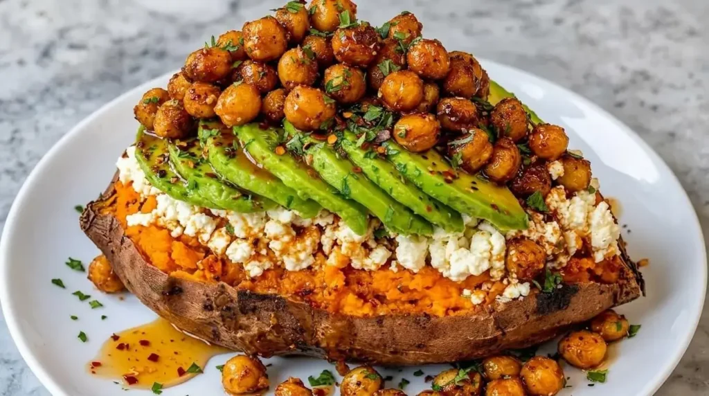 Hot Honey Crispy Chickpea Sweet Potato Boat stuffed with feta cheese, fanned avocado, and roasted chickpeas with a hot honey drizzle.