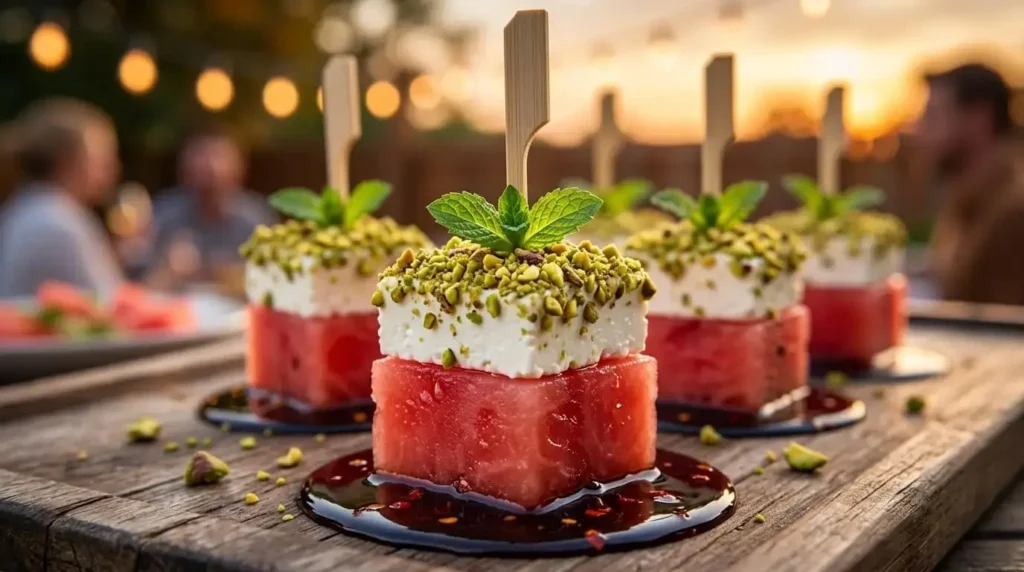 Close-up of finished hot honey watermelon feta bites with mint and pistachios, drizzled with glaze and secured with cocktail picks on a wooden tray.