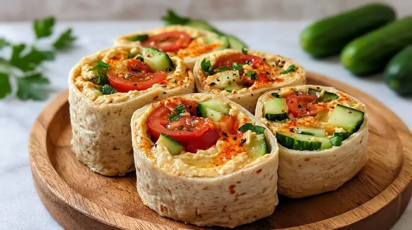 A close-up platter of healthy Hummus and Veggie Pinwheels showcasing a colorful swirl of creamy hummus, diced cucumbers, and sliced tomatoes garnished with parsley.