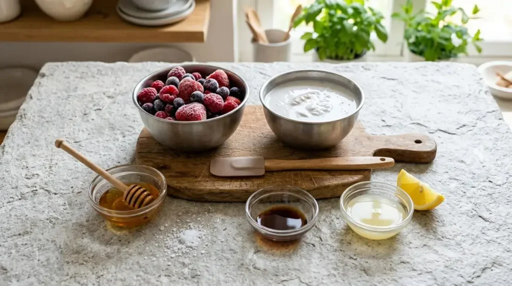 Ingredients for Berry Coconut Frozen Ice Cream in a bowl.