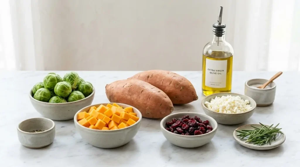 Fresh ingredients for Mediterranean stuffed sweet potato boats arranged cleanly in small ceramic bowls.