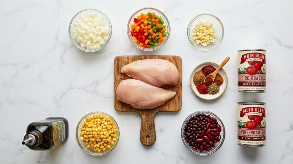 Fresh raw ingredients for chicken taco soup including chicken breast, black beans, corn, diced bell peppers, tomatoes, and spices arranged neatly on a marble counter.