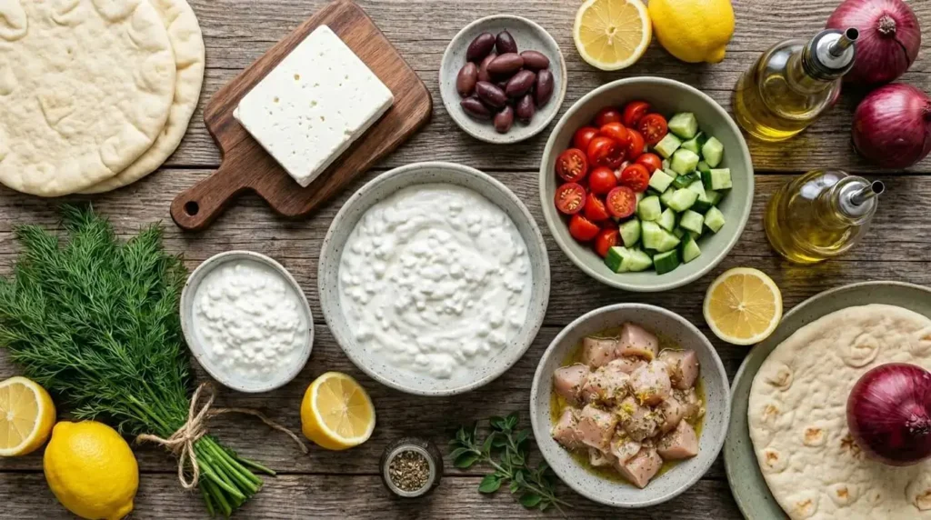Fresh ingredients for a Mediterranean flatbread recipe, including marinated chicken, diced cucumbers, cherry tomatoes, and Greek yogurt spread.