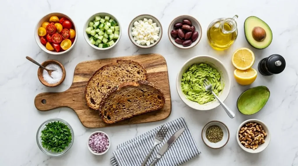 Ingredients for Loaded Mediterranean Avocado Toast.