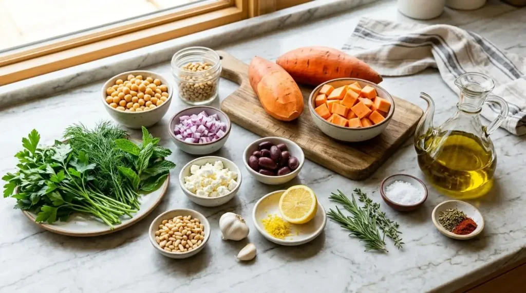 A flat-lay arrangement of raw ingredients on a marble surface, including unpeeled sweet potatoes, a container of fresh burrata cheese in water, a small bowl of chopped green pistachios, a bottle of extra virgin olive oil, and bunches of fresh basil and thyme.
