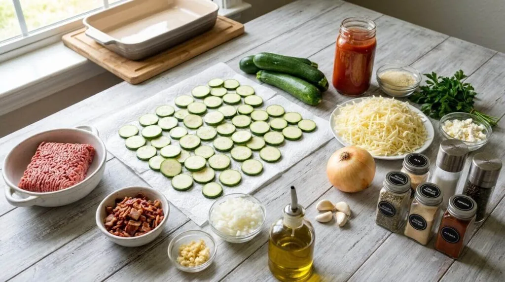 A flat lay arrangement of ingredients for a keto zucchini casserole, including sliced zucchini on paper towels, ground beef, mozzarella, parmesan, feta, sugar-free marinara, onion, garlic, and Mediterranean herbs.