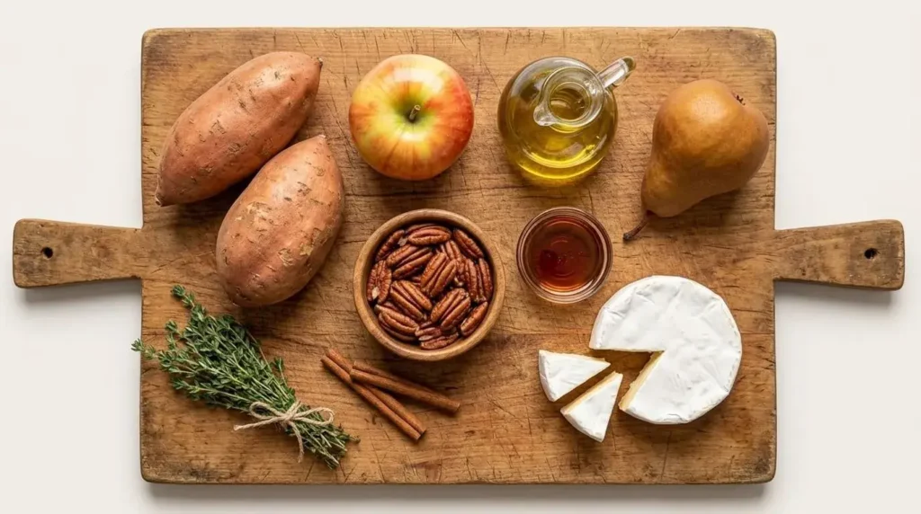 A flat lay ingredient spread featuring sweet potatoes, apples, pears, Brie cheese, pecans, maple syrup, extra virgin olive oil, and fresh thyme.