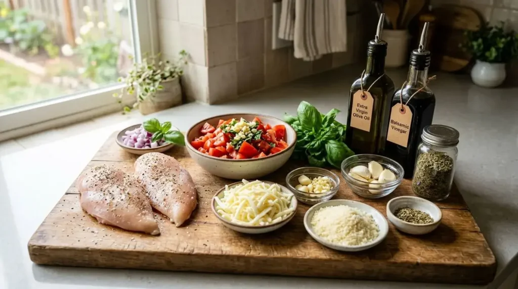 A collection of ingredients for bruschetta chicken casserole, including raw chicken breasts, diced tomatoes, mozzarella cheese, Parmesan, fresh basil, garlic cloves, olive oil, balsamic vinegar, and dried Italian herbs, arranged neatly on a wooden cutting board in a naturally lit kitchen setting.