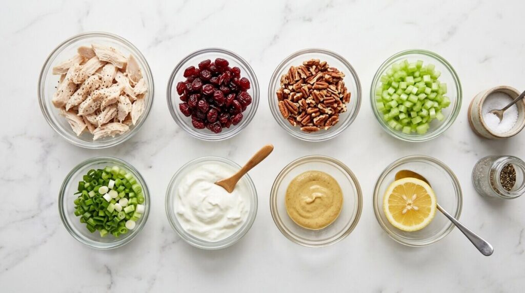 An overhead flat-lay of chicken salad ingredients including shredded chicken, cranberries, pecans, celery, and Greek yogurt.
