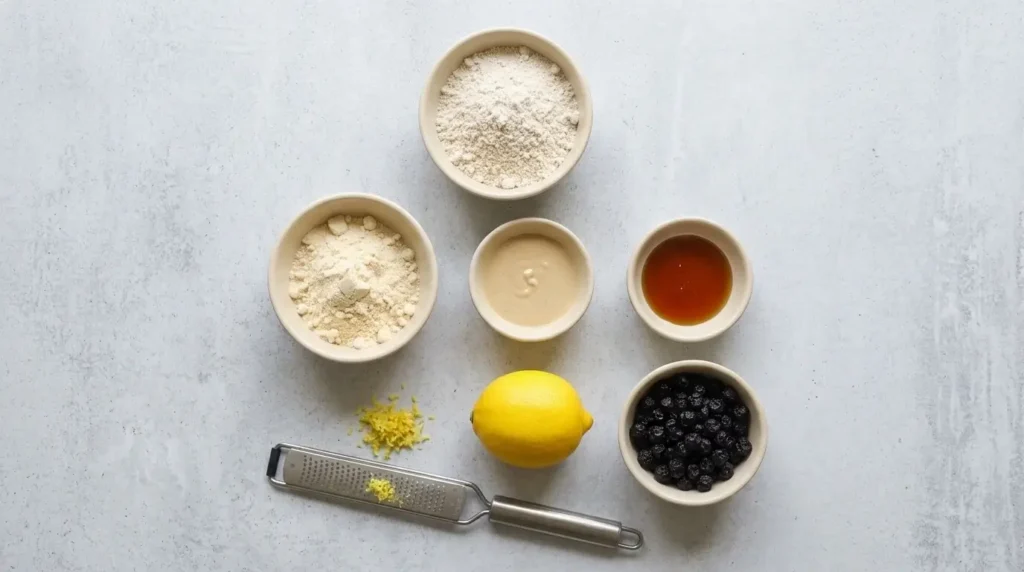 Raw ingredients for making healthy homemade protein bars laid out on a concrete tabletop.