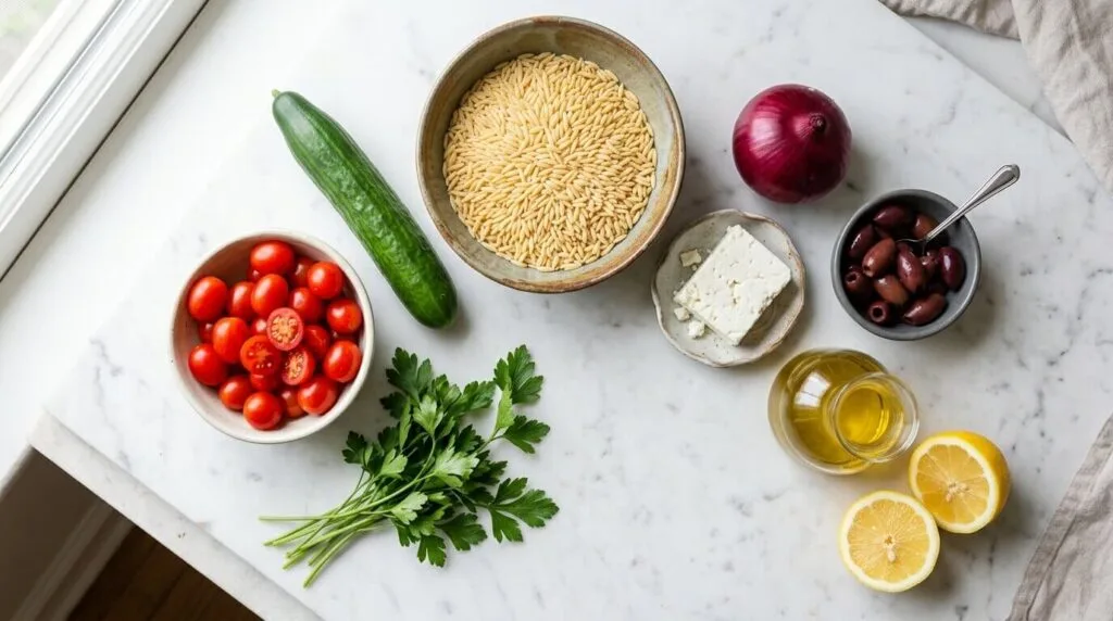 Overhead view of raw ingredients for Mediterranean orzo salad including pasta, cucumber, tomatoes, feta, olives, and olive oil dressing components on a marble counter.