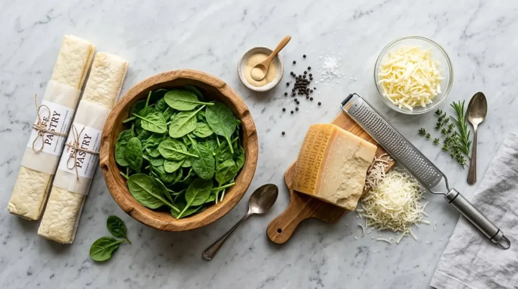 Raw ingredients for making Parmesan spinach cheese twists including puff pastry sheets, fresh baby spinach, grated Parmesan, and shredded mozzarella on a marble counter.