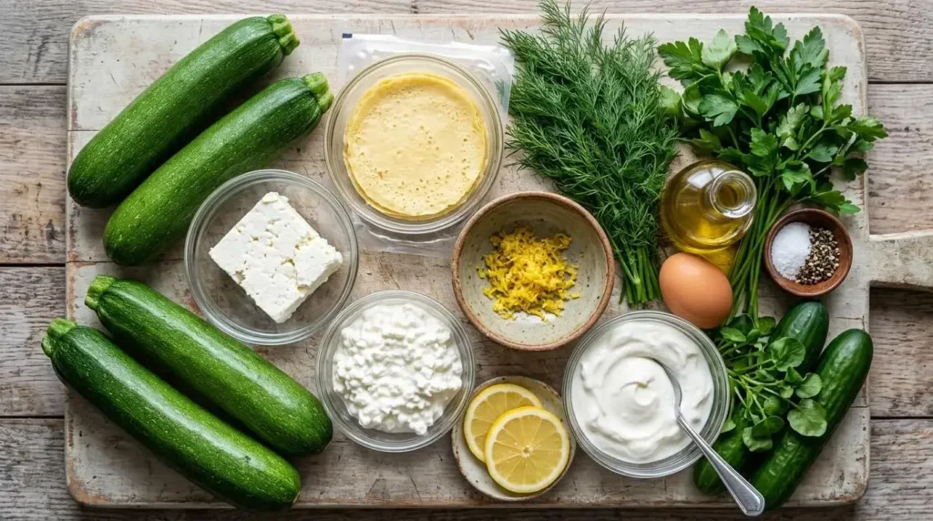 Fresh ingredients displayed on a wooden board for making Mediterranean baked zucchini and cottage cheese crepini rolls.