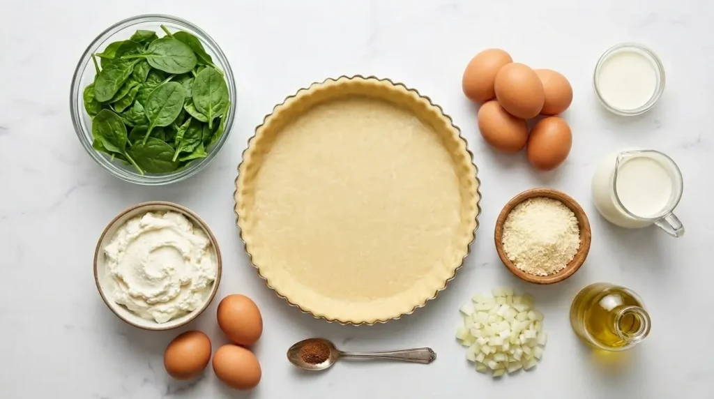 Flat-lay overhead view of fresh ingredients for a homemade spinach quiche recipe including eggs, spinach, ricotta, and cream on marble.