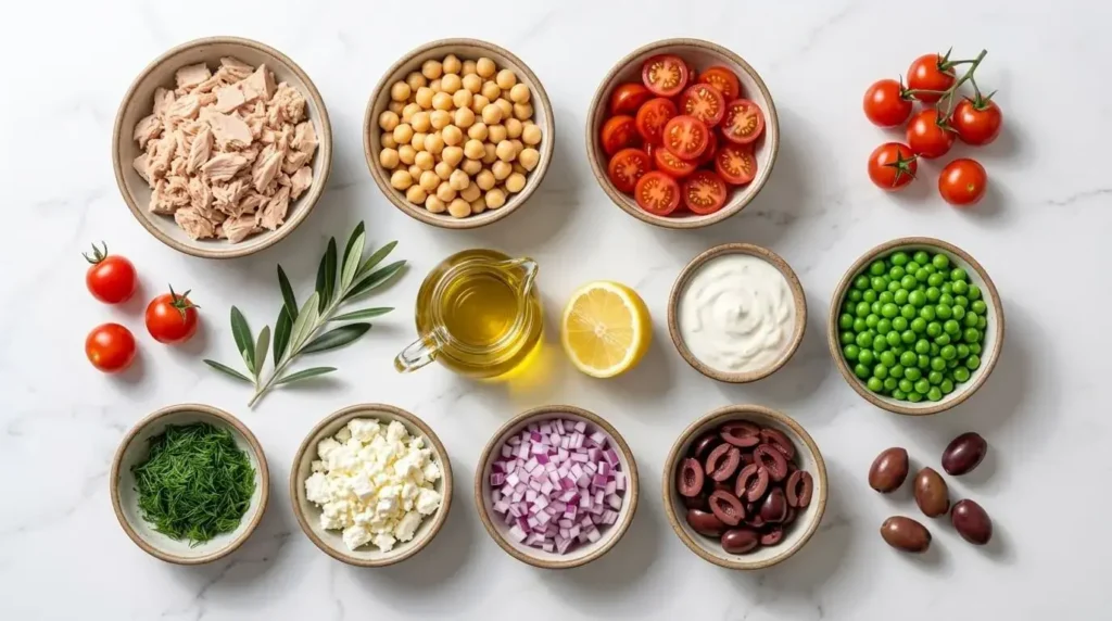 An overhead flat-lay view of ingredients for a Mediterranean tuna dip salad recipe, including canned tuna, chickpeas, olives, tomatoes, feta cheese, Greek yogurt, and fresh herbs in small bowls.
